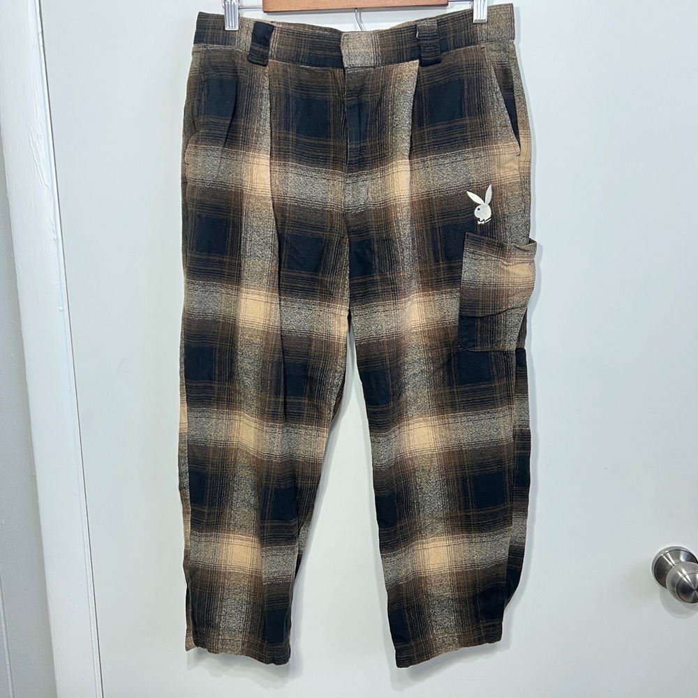 Playboy PacSun Plaid Cargo Pants Mens 32 Brown Bunny Logo Cropped Trousers‎